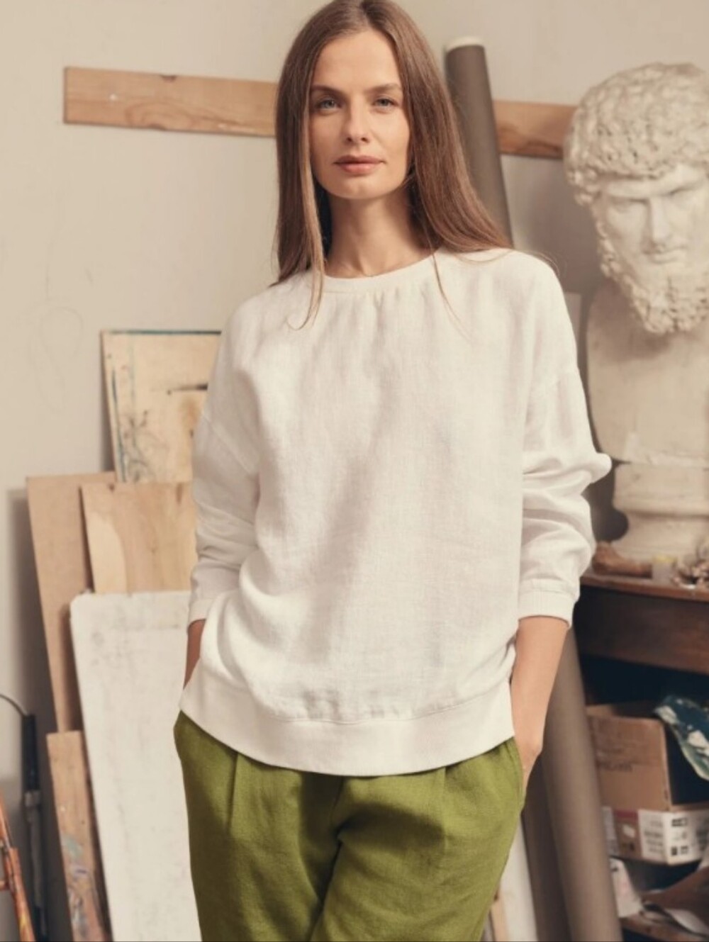 Linen Tales Dahlia Jumper Striped Linen pullover Sweater in White and Navy